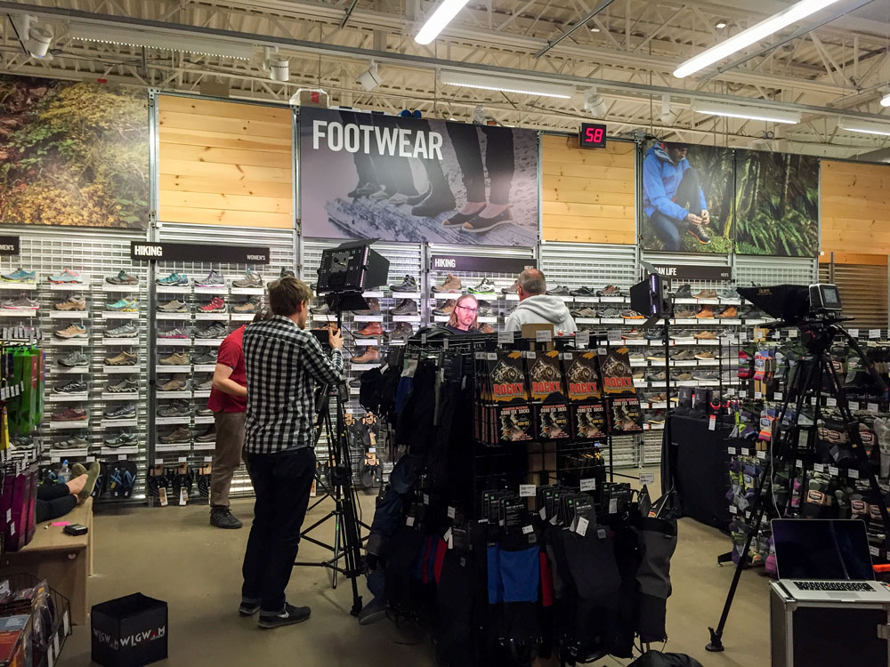 Filming at Mountain Equipment Coop (MEC) about the importance of proper footwear in the mountains