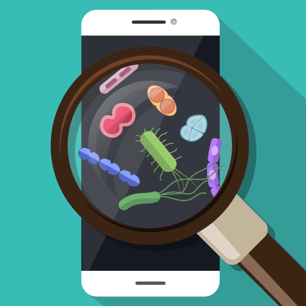 Illustration of a phone with magnifying glass showing germs on the surface.