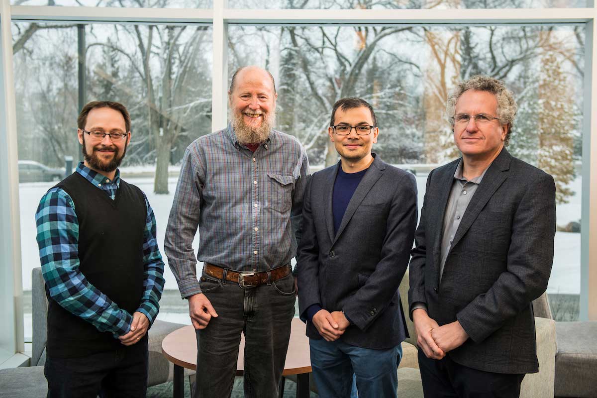 AI research company, DeepMind, announced funding for an endowed Computing Science chair position. Pictured: Pilarski, Sutton, Hassabis and Schaeffer.