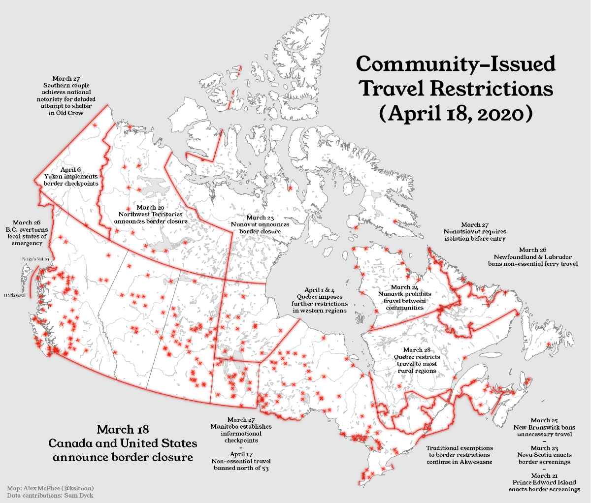 Student-generated map visualizes travel restrictions of COVID-19 in Northern Canada.