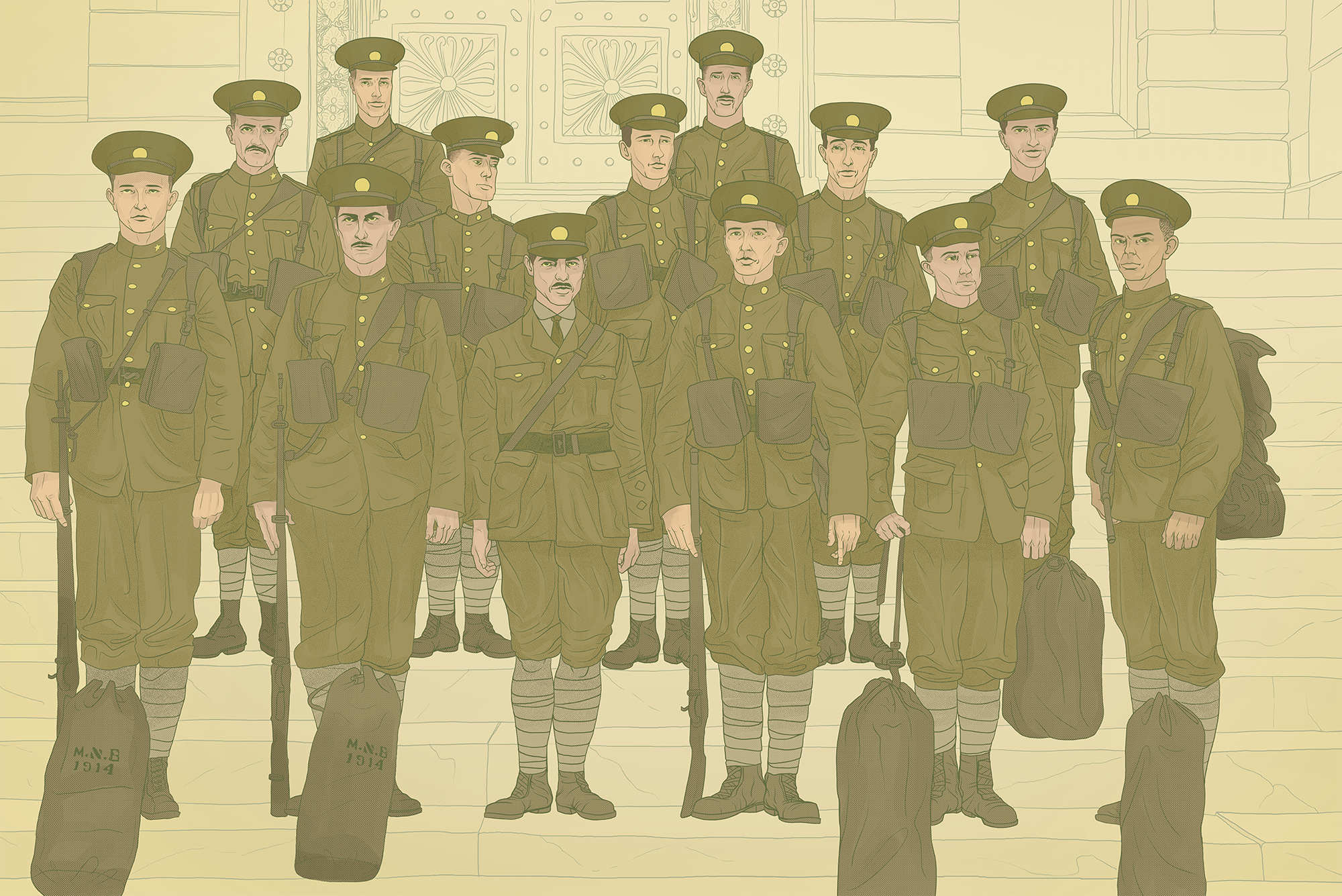 University of Alberta soldiers, Montreal, 1915. Illustration by Jordan Carson