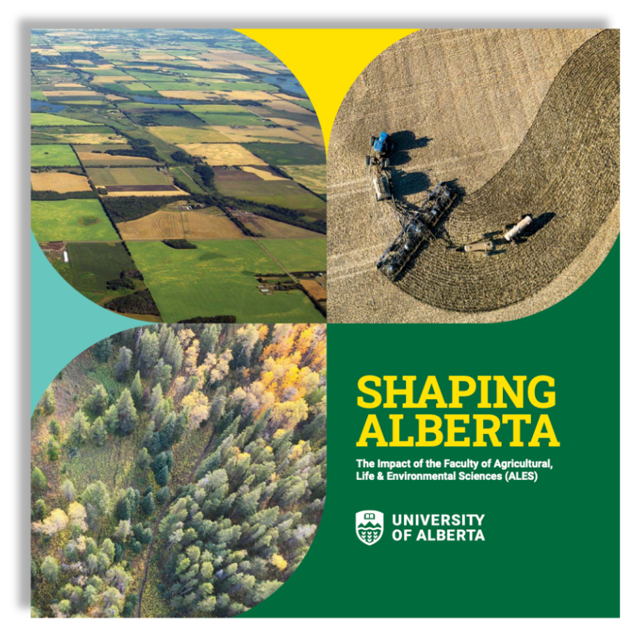 Cover of publication reads Shaping Alberta with three pictures: one of a forest, one of a field of crops, and an aerial view of rural Alberta