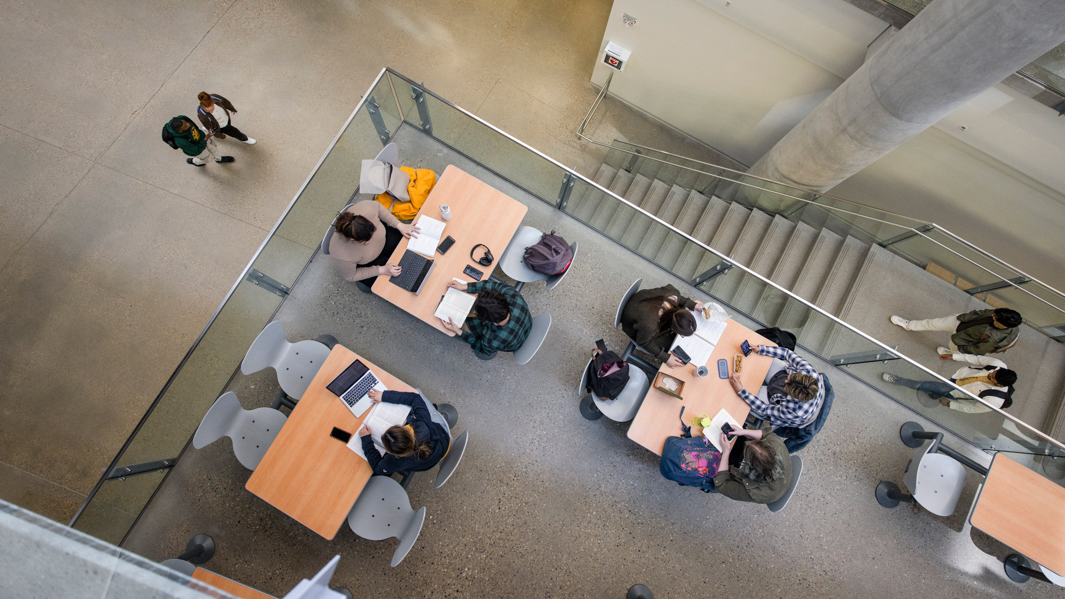 arial shot in CCIS study space showing various students studying