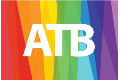 ATB logo on rainbow background
