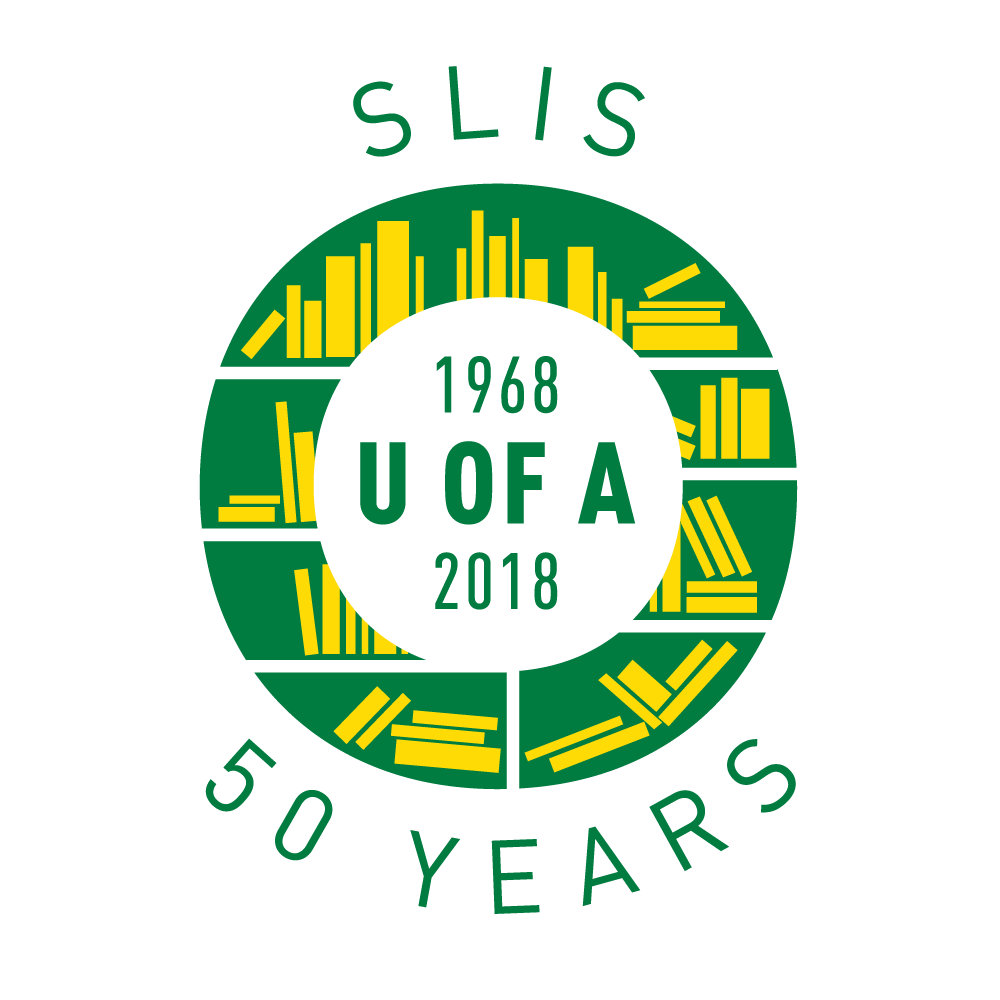 Text "SLIS 50 Years | 1968-2008 | U of A" wrapping around a round yellow and green bookshelf
