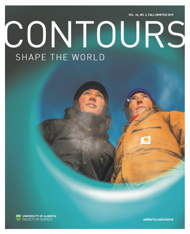 Fall 2019 Contours magazine cover. White texting reading "Contours Shape the World" over an image of Ali Criscitiello, Director of the Canadian Ice Core Lab, and Ashley Ashley Dubnick, postdoctoral fellow in the Department of Earth and Atmospheric Sciences.