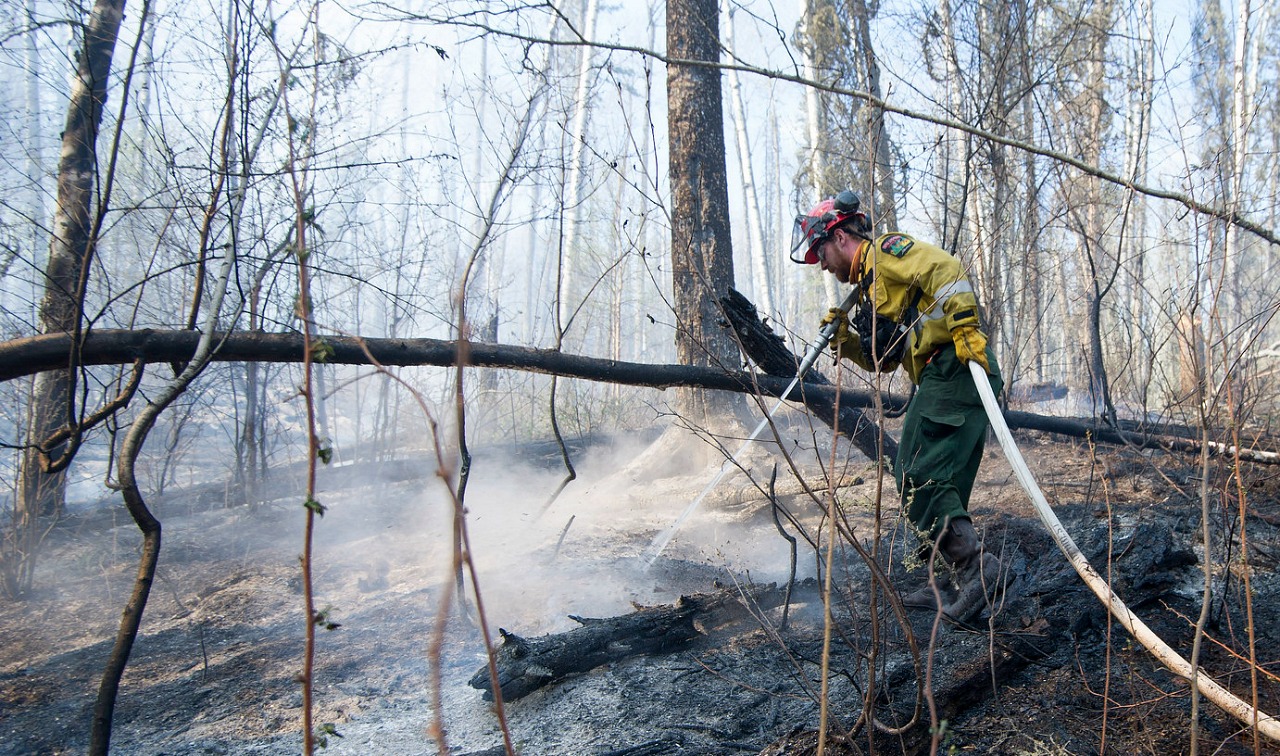 A firefighter hoses down hotspots in the Fort McMurray area in May 2016. (Photo: Premier of Alberta via Flickr, CC BY-ND 2.0)