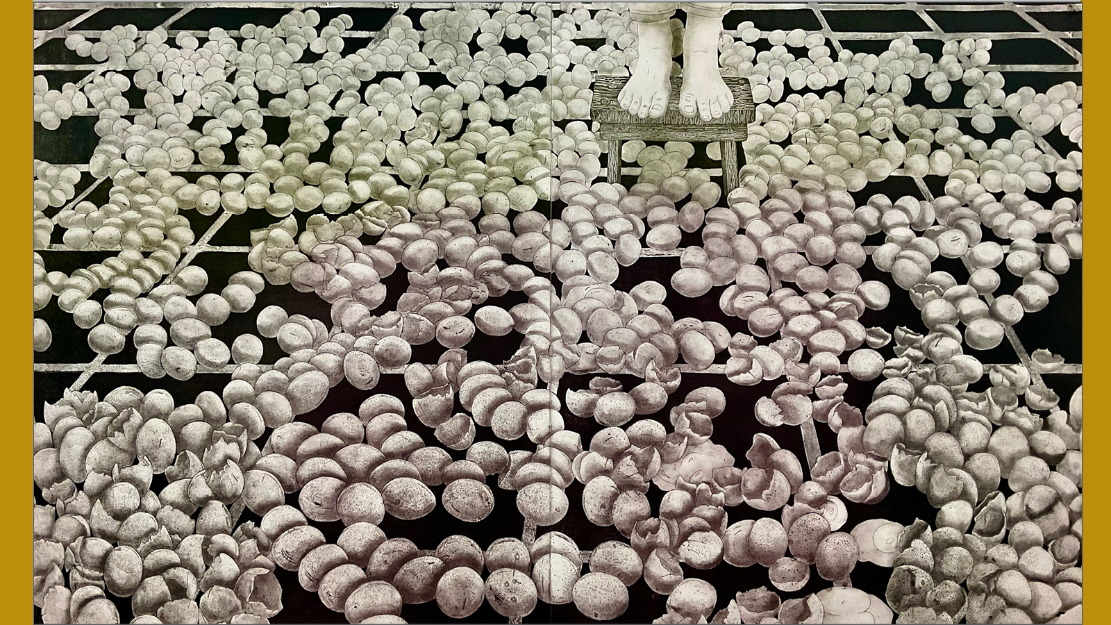 Emily Legleitner: You are full of want and fear. An illustration of several thousand eggs spread across a black tile floor. The feet of a figure can be seen standing on a stool placed in the middle of the eggs. Some eggs have been broken, but most are whole. Colours are muted, shades of dark reg-greys and yellow-greys make up the eggs, in stark contrast to jet black tile flooring.