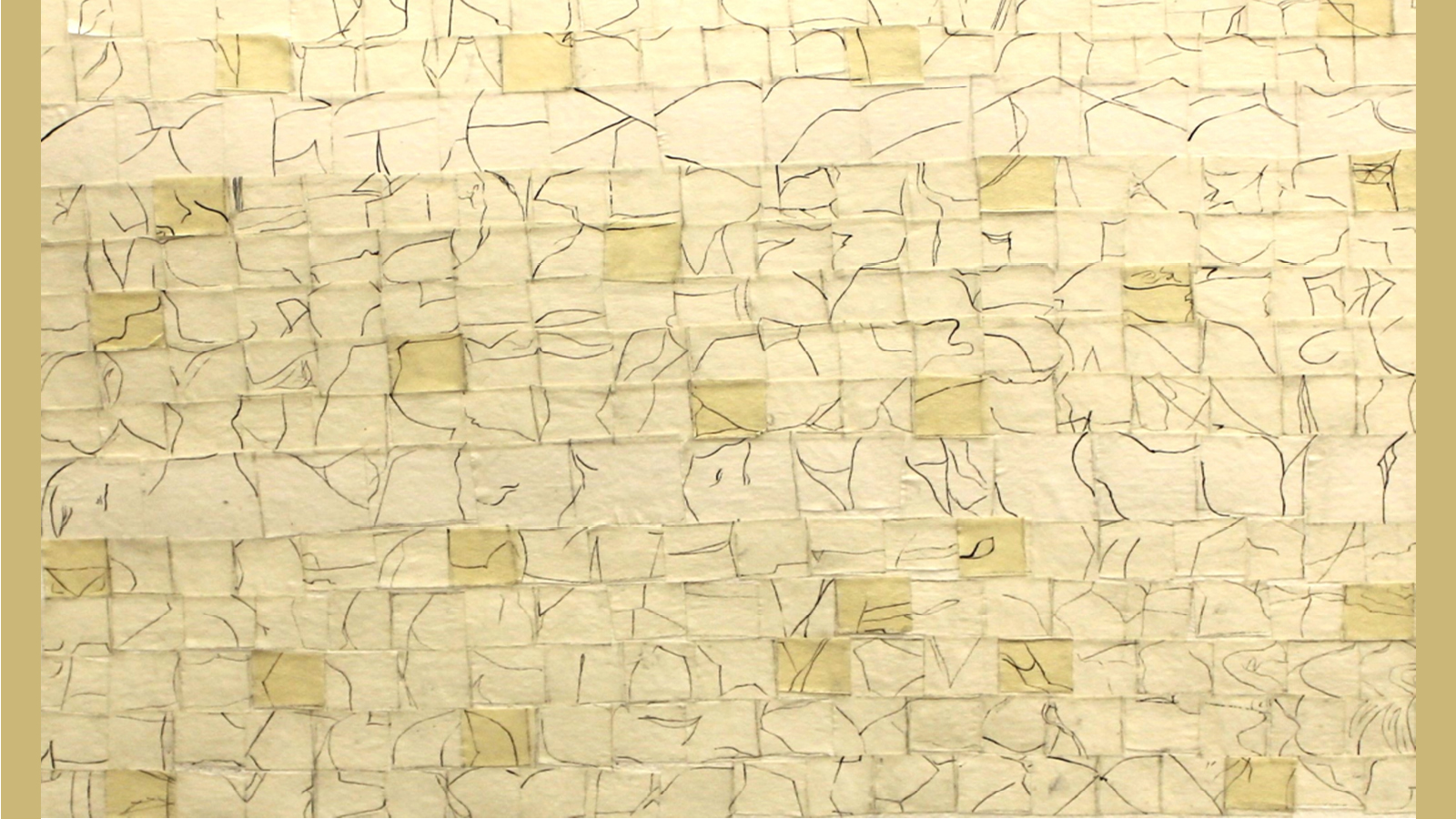 Riddhi Patel: (details from) Crevices within, Small tapped white and yellow squares arranged next to each other in the form of a grid on a paper which show a range of angular and directional marks in black ink within each square. 