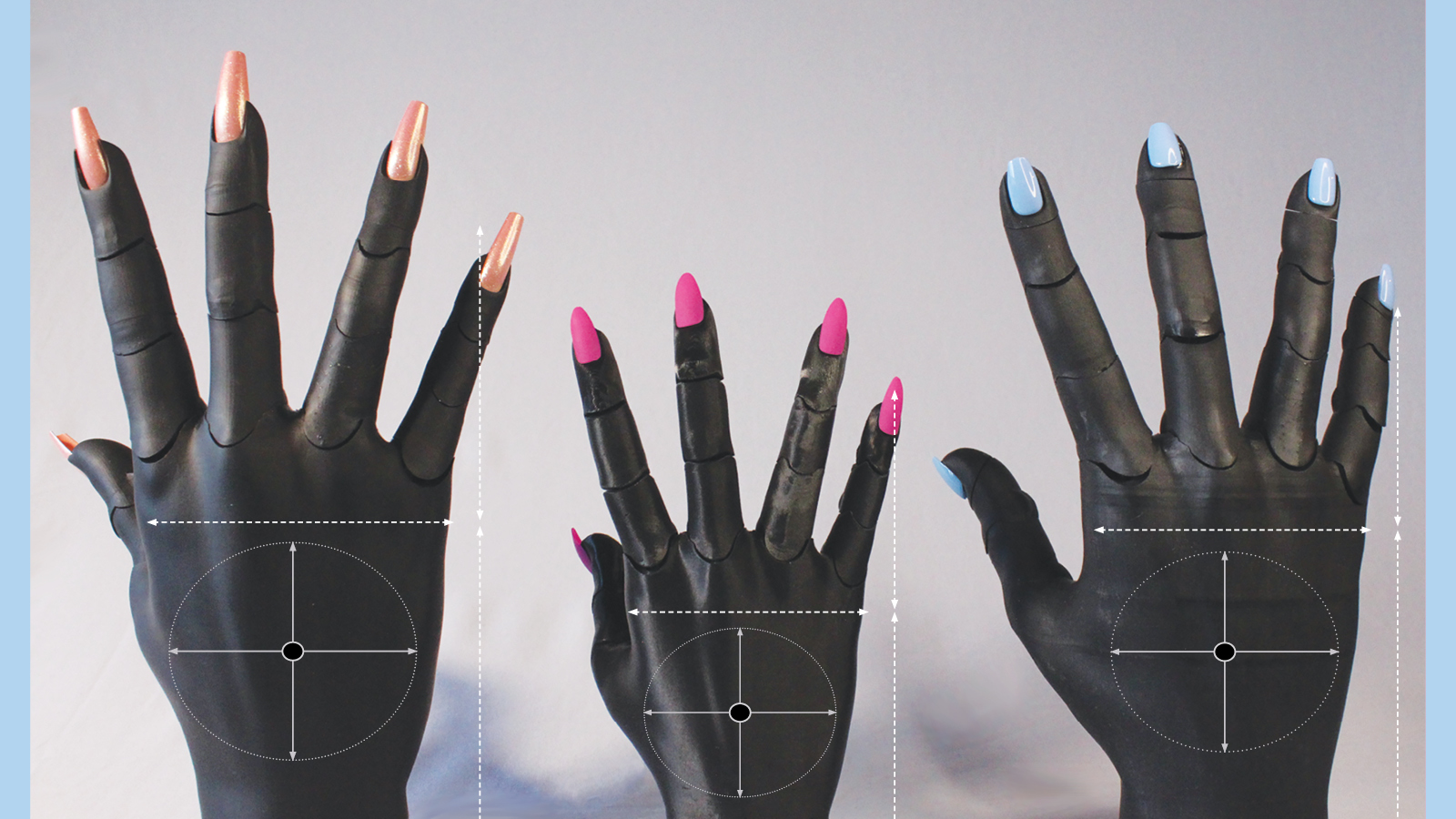 Three prosthesis hand models with different nail sets