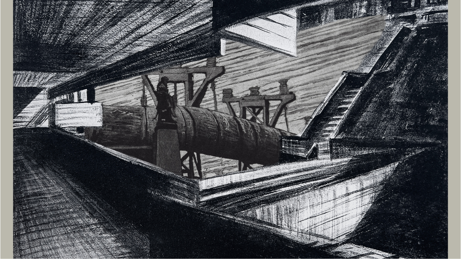 The viewer is situated within a heavy, dark interior with a low roof. A low wall separates the walkway the viewer is on from an open expanse beyond, where a large pipeline structure crosses the space. A statue of a man with a large, ankle length coat stands on an obelisk in front of the pipe, and a staircase leads upwards off to the right past the open space.