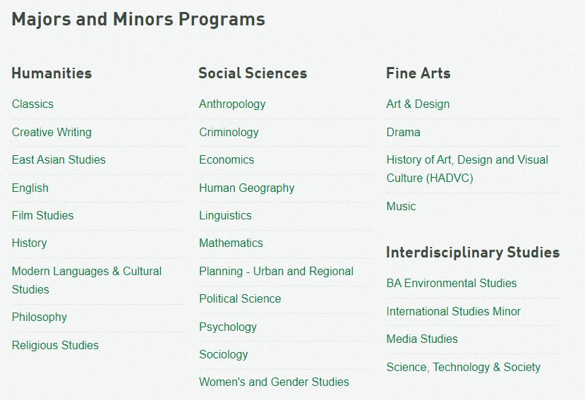 Majors and minors available through the Faculty of Arts