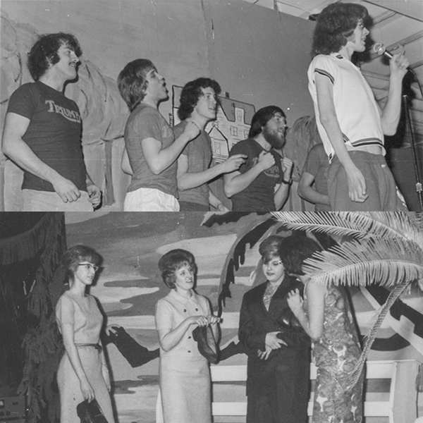 Two black and white photos depicting the Girls' Party for the Boys and Boys' Party for the Girls.