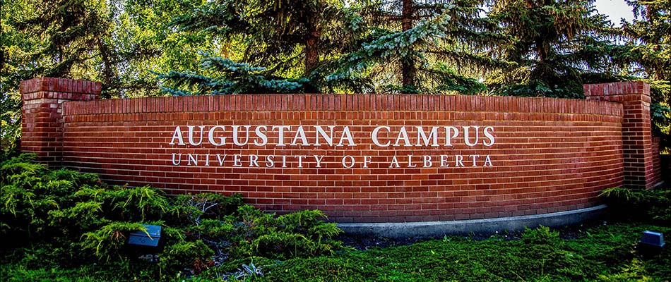 A photo of the Augustana Campus sign at the front entrance to campus