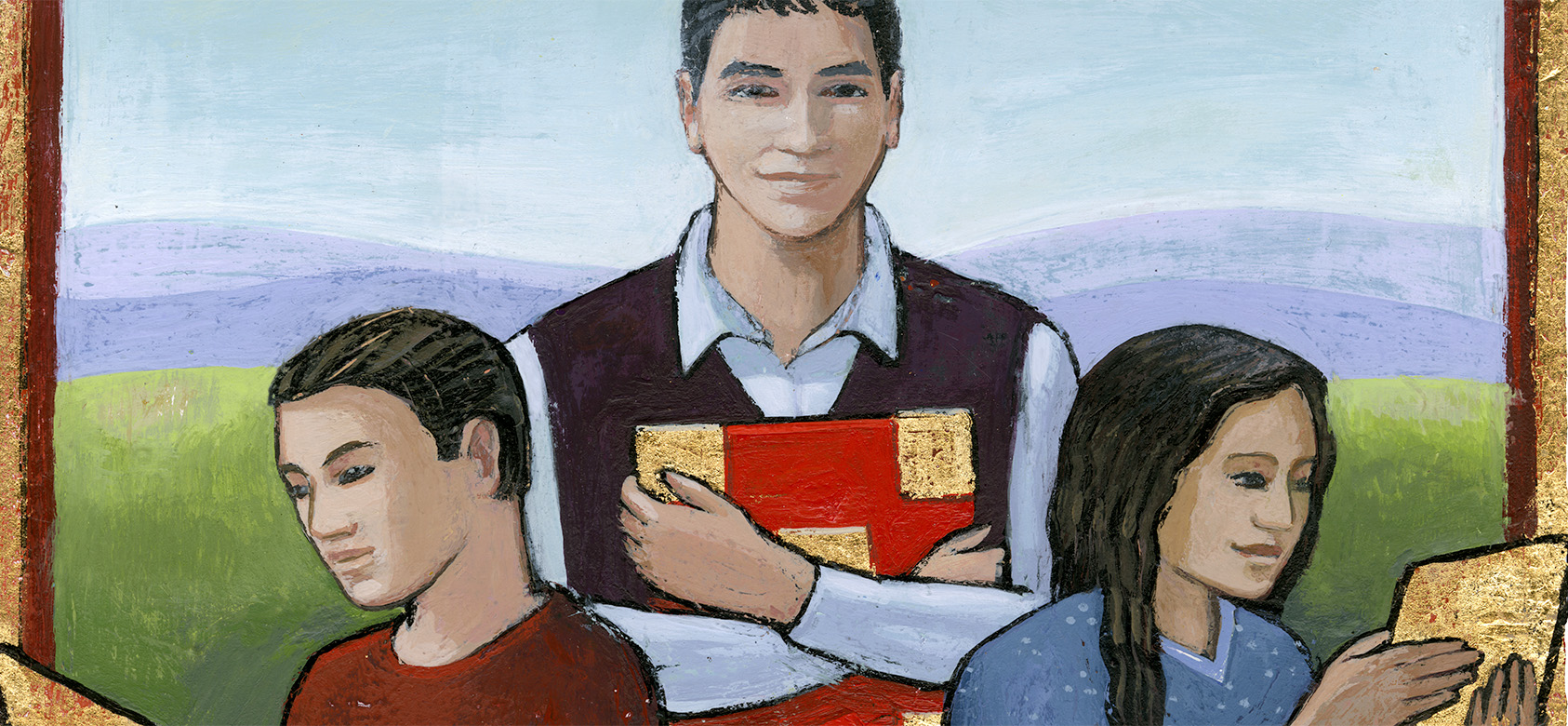Illustrated image of a teacher in the centre of the image. On either side are two students looking at their respective devices.