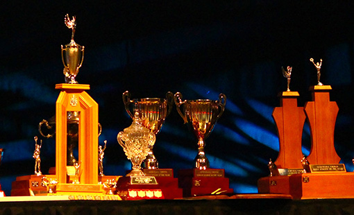 An assortment of trophies set on a table in front of a black background.