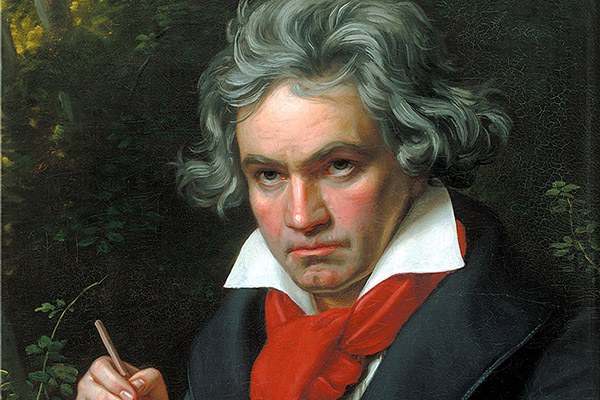 A painting of Beethoven with wavy grey hair, wearing a red scarf.