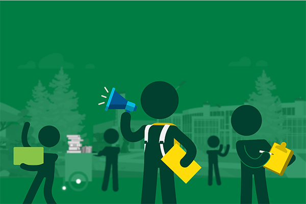 A graphic with multiple stick figures on campus holding books and an announcement trumpet with a green background that shows campus.