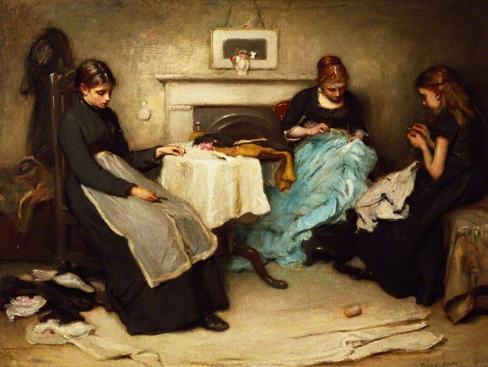 A photo of a painting by Frank Holl (1874) of women embroidering.