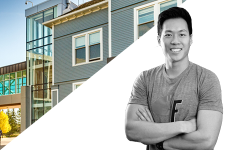 Photo of Tony Nguyen in front of a corner cut-out image of Founders' Hall