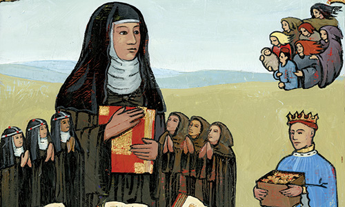 Digital illustration drawing of a group of nuns against a pastoral background.