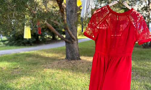 A red dress hanging from a tree and blowing in the wind.