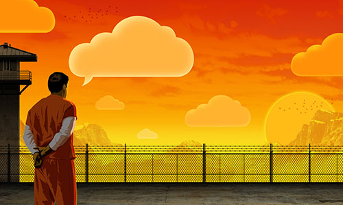 A digital illustration of a person in an orange jumpsuit standing in a prison yard, staring at an orange sunset, a mountain range and a flock of flying birds beyond a wire prison fence. Along the left side of the fence is a watch tower, and in the sky above the person is a speech bubble in the shape of a cloud.