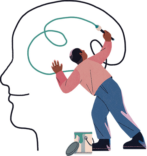 A digital illustration of a person painting a person's profile and their brain in a continuous stroke.