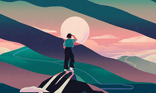 A digital illustration of a person standing on a mountain top, looking off into  the distance.