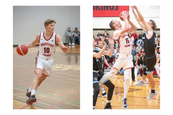 Side by side photos of  Ryan Degner and Jack Smilski on the basketball court during a game.