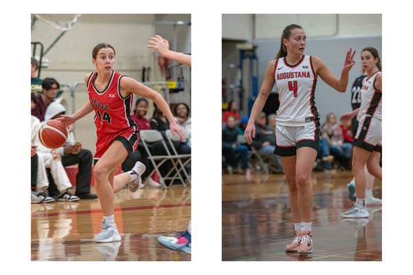 Side by side photos of Mackenzie Mrazik and Tayah Fiveland on a basketball court during a game.