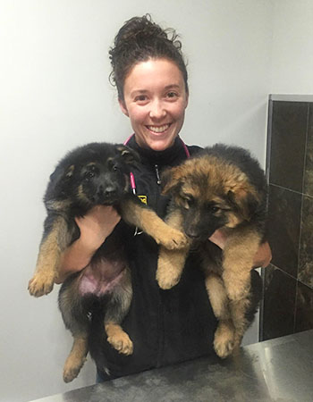 A portrait of Nicole MacDonald holding two puppies