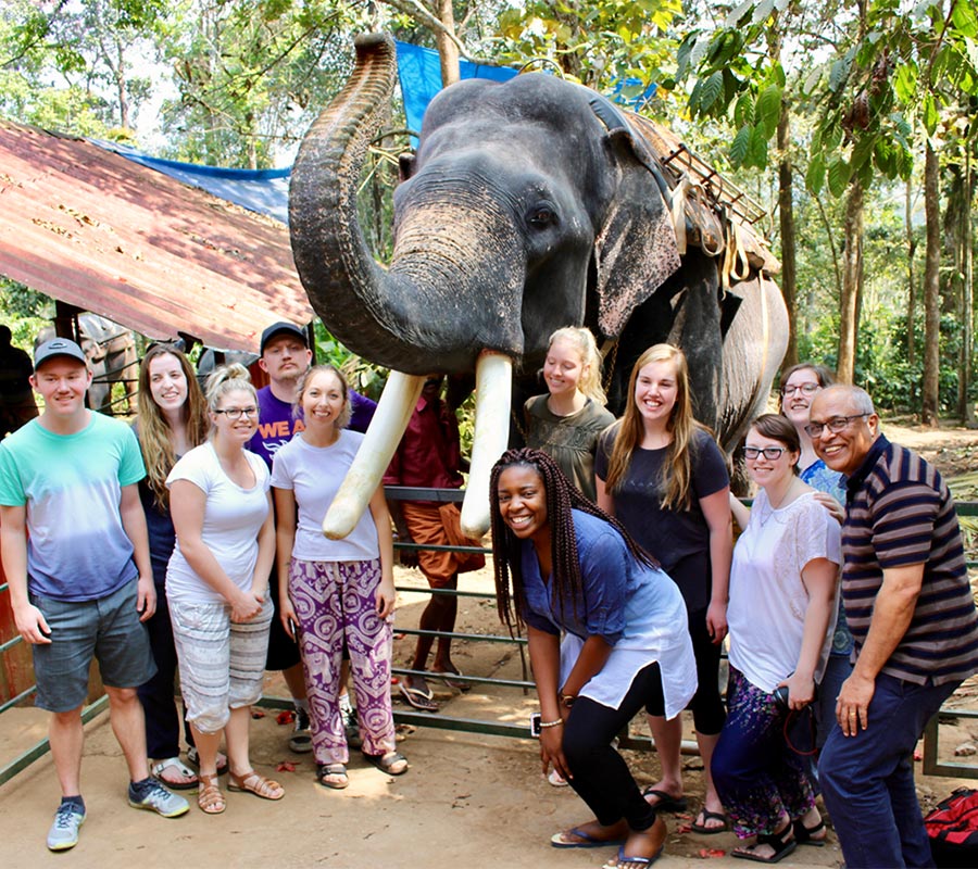 Students and Dr. Varghese Manaloor posing in front of an elephant