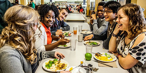 A photo of students laughing and eating in the Augustana Dining Hall