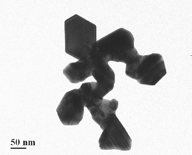 a microscopic image of silver nanoparticles, taken with a transmission electron microscope