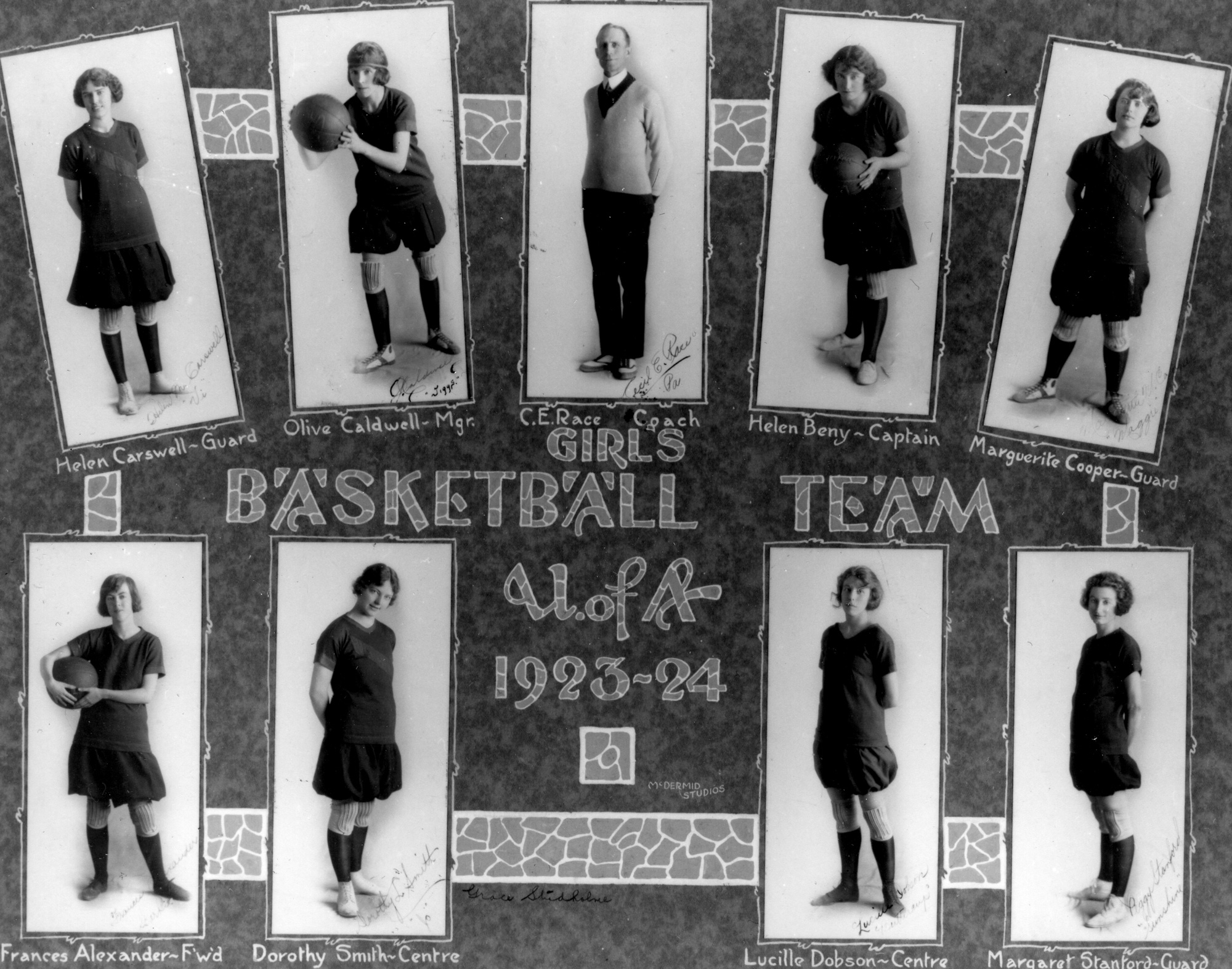 Olive Caldwell, top left, and the 1923-24 women’s Varsity basketball team. Image courtesy of U of A Archives, UAA-1972-056-044.