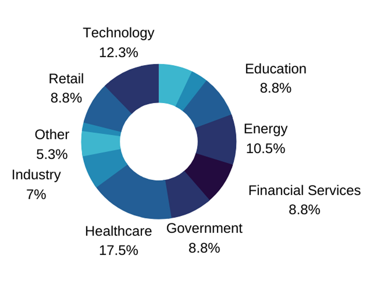 Breakdown of Cohort Industry Background: Healthcare 17.5%; Government 8.8%; Technology 12.3%;Education 8.8%; Energy 10.5%; Financial Services 8.8%; Industry 7%; Retail 8.8%; Other 5.3%