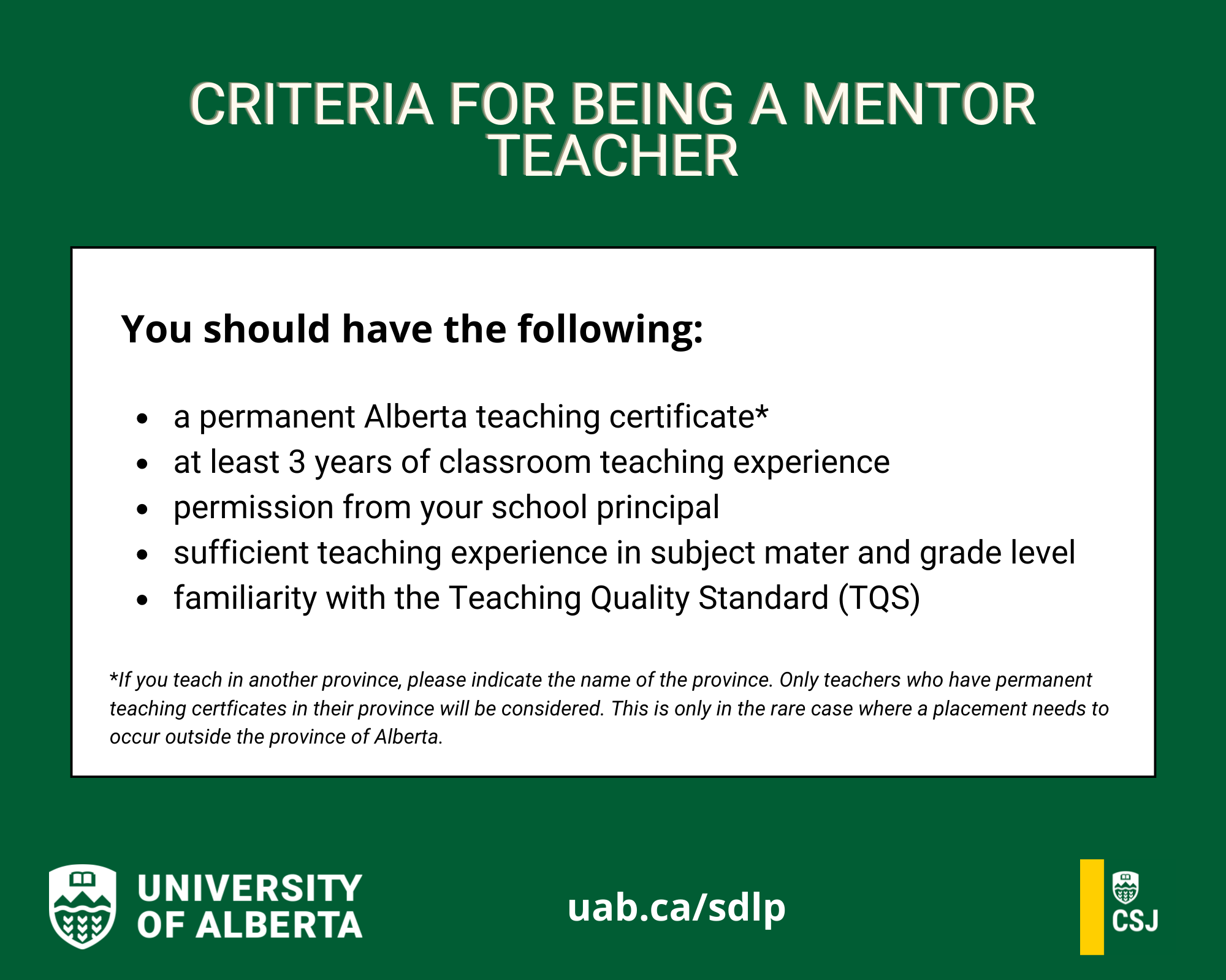 Criteria - Mentor Teachers