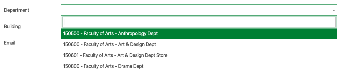 Screenshot showing the Department dropdown on the Directory Advanced Search page.