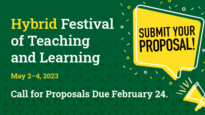 An image of a Megaphone announcing the words: Submit Your Proposal! Additional text on the left hand side with the words: Hybrid Festival of Teaching and Learning May 2-4, 2023 Call for Proposals Due February 24.