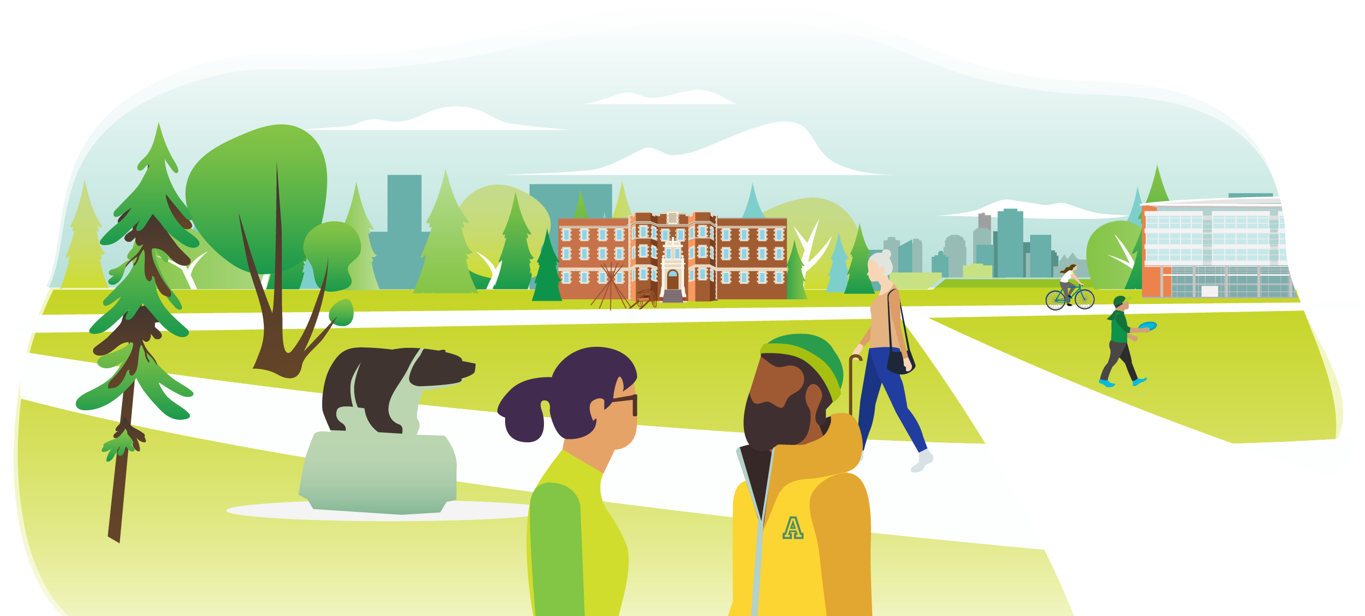 Illustration of people meeting, walking, cycling, and tossing a disc on North Campus Quad.