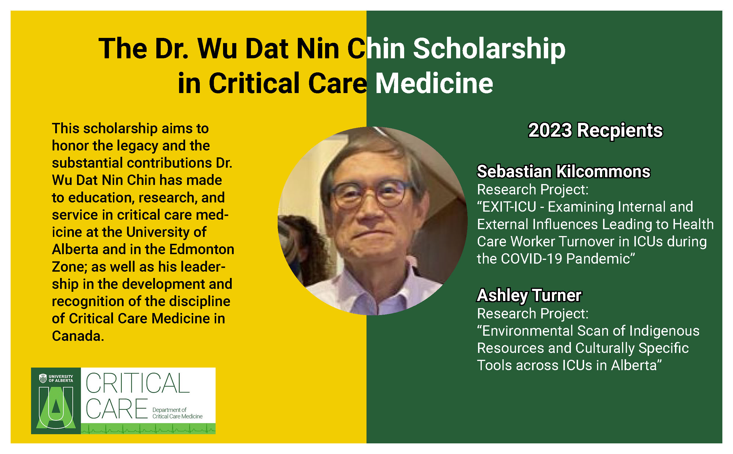 Dr. Wu Dat Nin Chin Scholarship in Critical Care Medicine Recipients Sebastian Kilcommons and Ashley Turner
