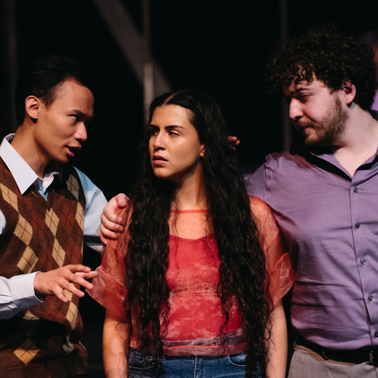 Three actors in a scene from Weasel (L-R: Aaron Refugio as Syd, Karen Gomez Orozco as Fourth Charlie, Yassine El Fassi El Fihri as Max)