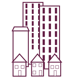 Icon with purple tall buildings and houses