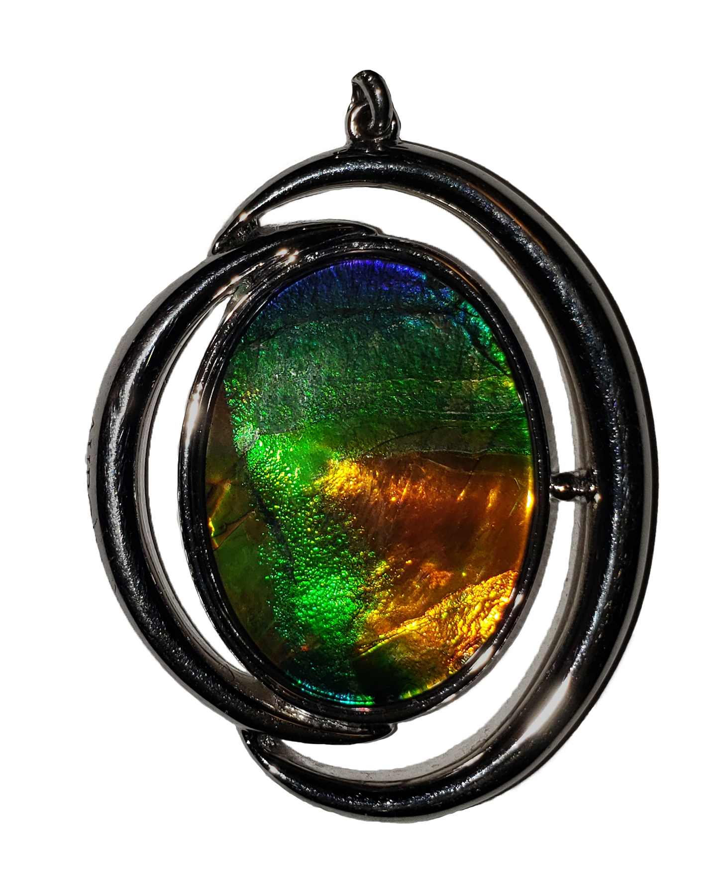 Oval pendant with irridescent green, yellow, and blue ammolite