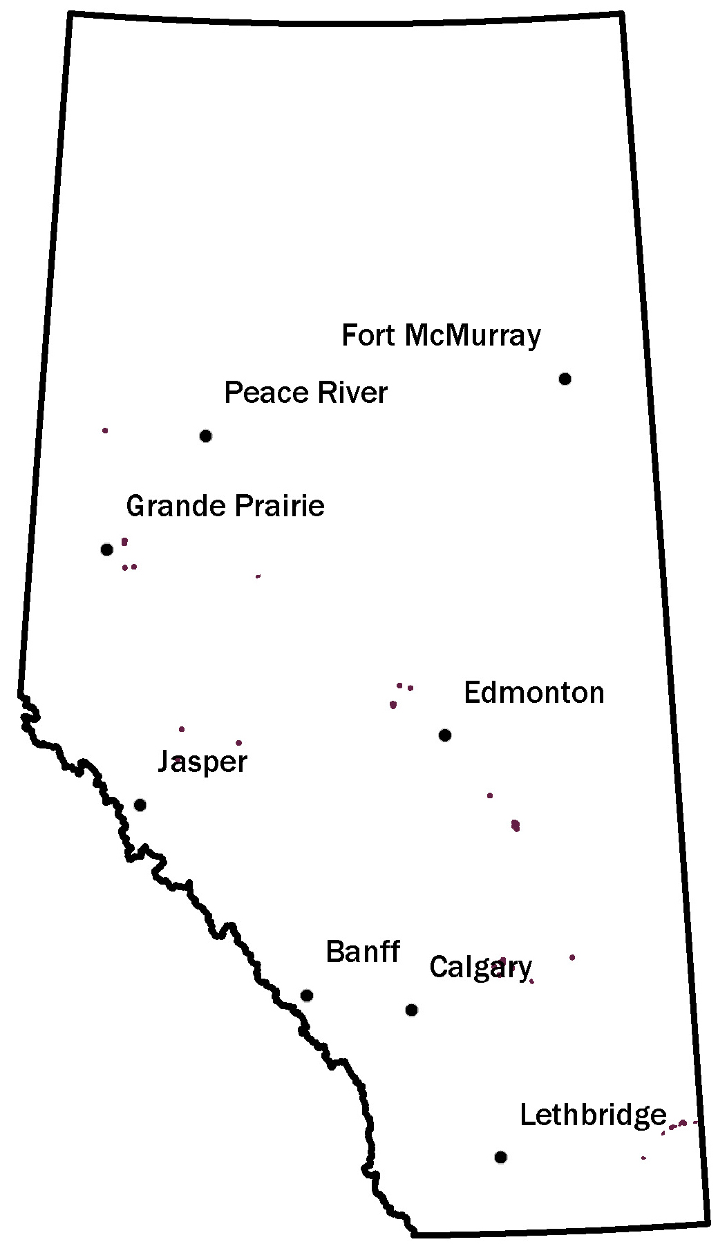 Map of Alberta showing where bentonite may be found scattered throughout the province