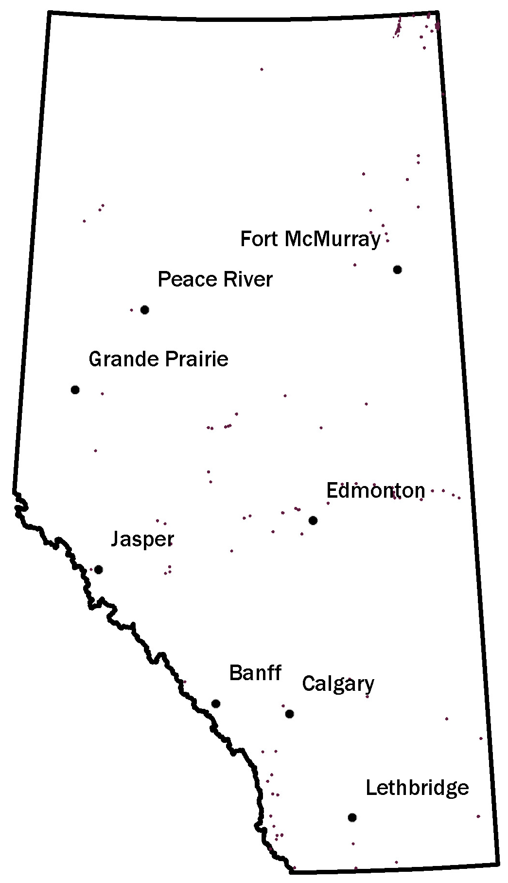 Map of Alberta showing where gold may be found in river deposits throughout the province