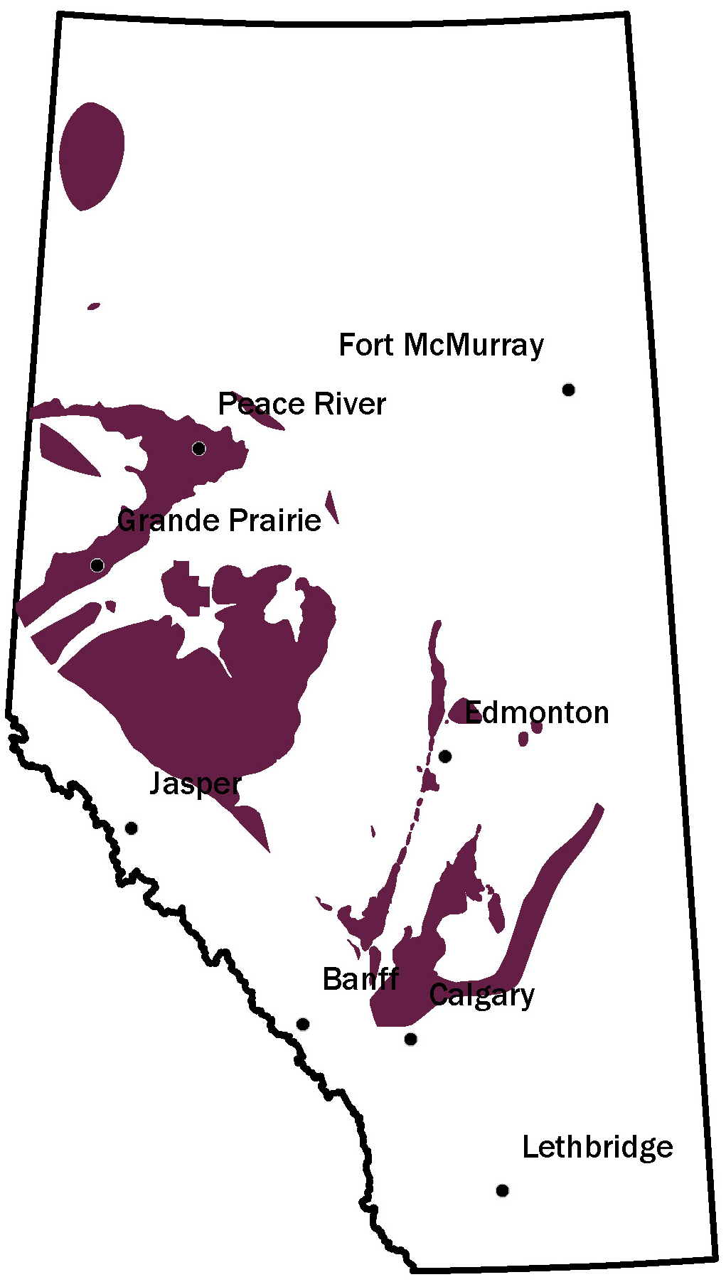 Map of Alberta showing where lithium may be found in oil and gas pools throughout the province