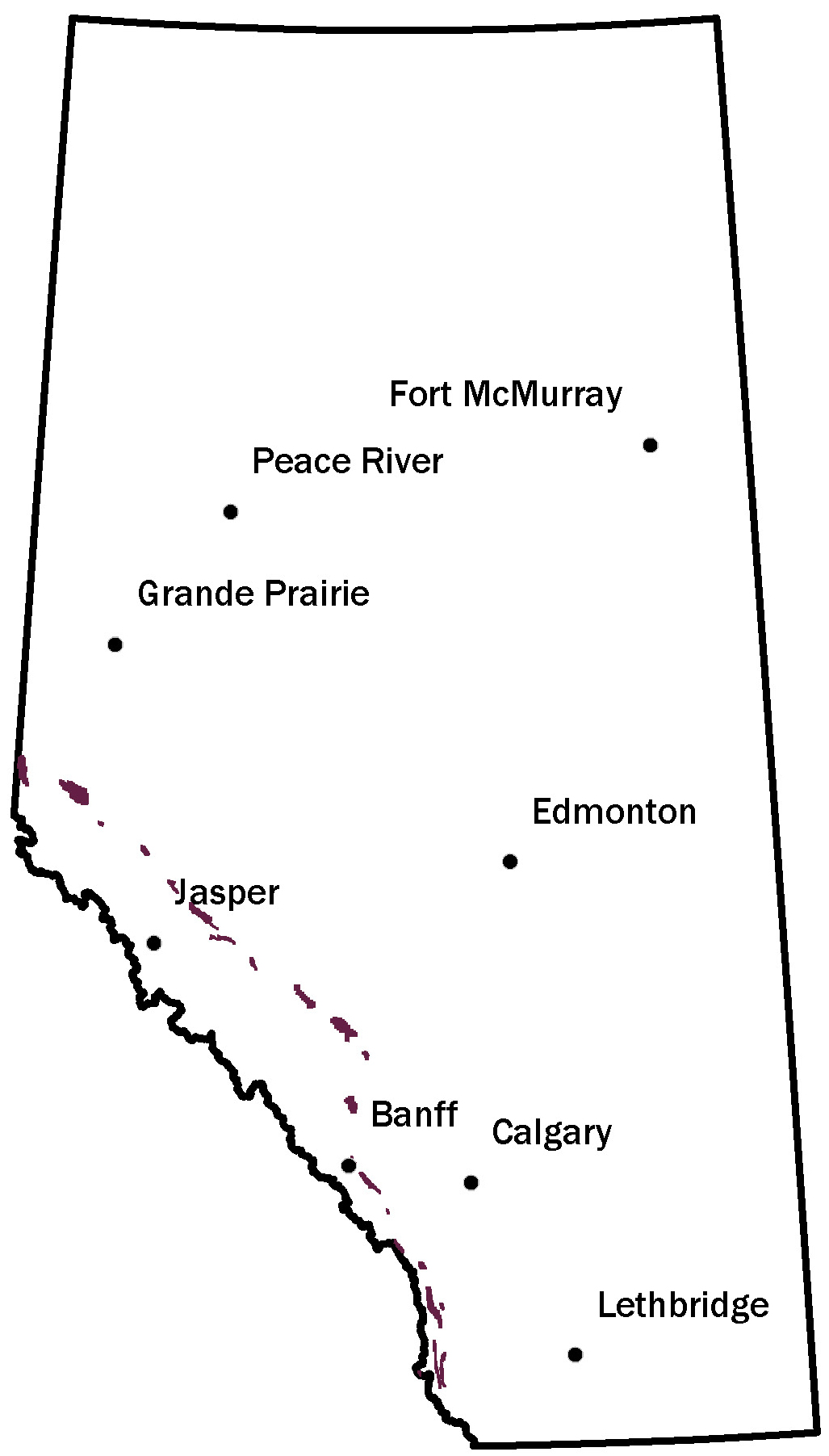 Map of Alberta showing where metallurgical coal may be found in the Rockies