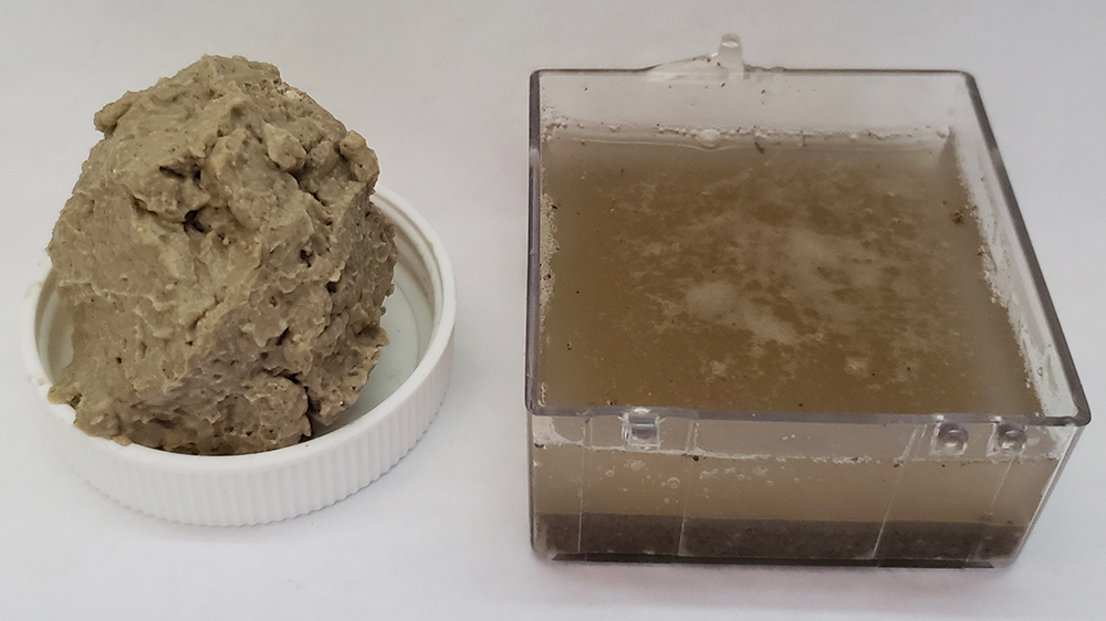 Ball of wet montmorillonite on left, slurry of water and very fine sand and clay on right